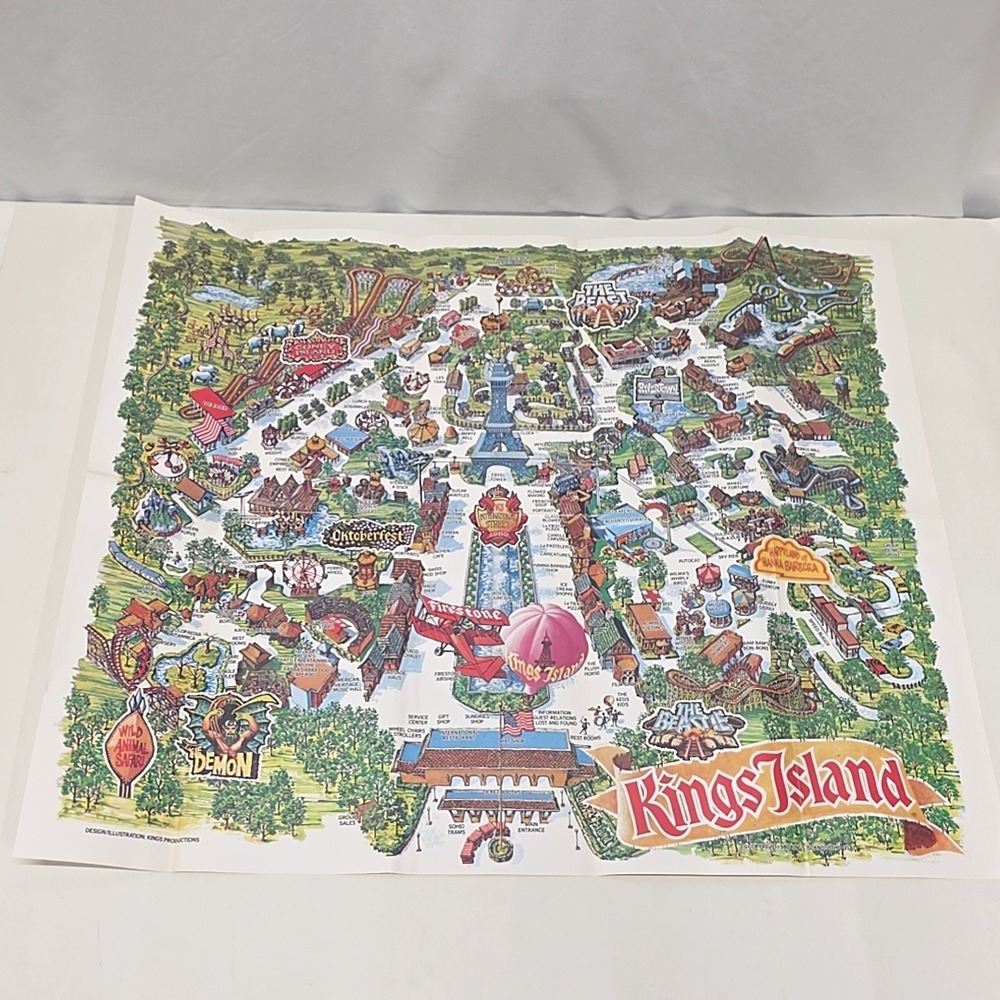 Kings Island Illustrated Souvenir Map 1980 Vtg Theme Park Art 21x18 Collectable